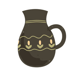Ornate clay jar in black color painted with floral pattern. Isolated vector illustration