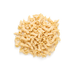 Uncooked Italian pasta Campanelle on white table. Gigli Pasta background top view.