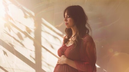 Young pregnant woman against the background of the room. Waiting for the birth of a child