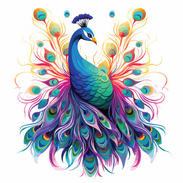 A vibrant peacock illustration with iridescent feat
