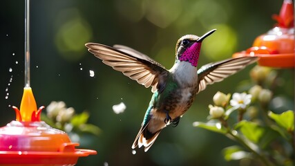 imagine: A colorful hummingbird hovering near a feeder filled with sugar water, its tiny wings a blur