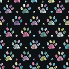Colorful doodle paw prints seamless fabric design pattern