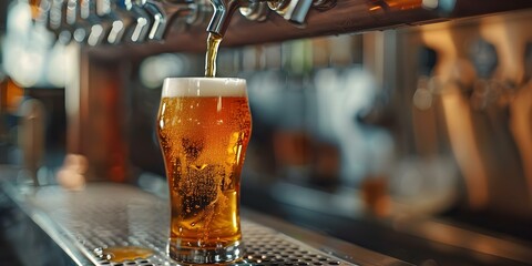 Pouring Beer from Tap into Pint Glass at Bar. Concept Beer pouring, Tap action, Pint glass filling, Bar environment, Beverage photography - obrazy, fototapety, plakaty