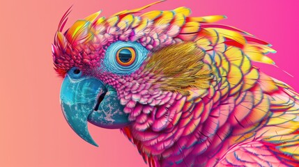 A psychedelic depiction of a parrot with neon colors against a popping pink background, evoking a dreamlike quality
