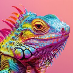 This image features a close-up shot of an iguana with vivid, digitally enhanced colors against a...