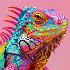 Highly stylized image depicting a multicolored iguana's profile with artistic digital colors on a simple pink background