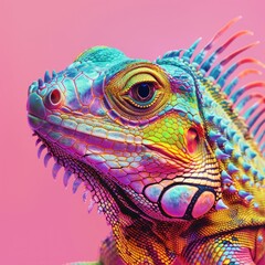 A digitally modified image of an iguana with neon-like colors on a pink surface