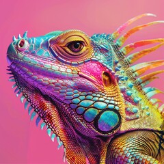 Artistic representation of an iguana with saturated colors against a pink backdrop