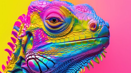 A digitally enhanced image of an iguana with vivid, multicolor details against a neon pink and yellow background