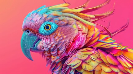 Close-up image of a colorful parrot with richly detailed feathers in a rainbow gradient on a contrasting background