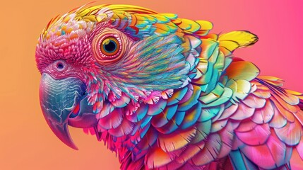 This image presents a close-up of a parrot's face with intense colors and detailed textures for a dramatic effect