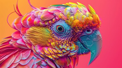 A side view of a parrot digitally enhanced to showcase neon feathers against a vivid pink background