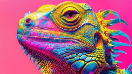 Close-up portrait of a vividly colored iguana against a seamless pink gradient, showcasing the beauty of wildlife