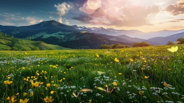 Scene of a meadow with mountain background animation video looping motion 
