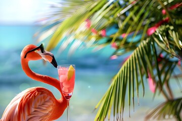 Flamingo on the seashore. Generative AI,

