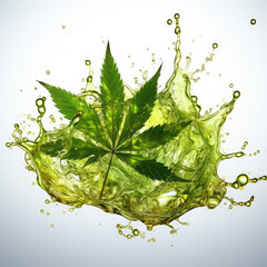 Watercolor Medical cannabis liquid oil splash with hemp leaf, clipart Illustration, Generative Ai