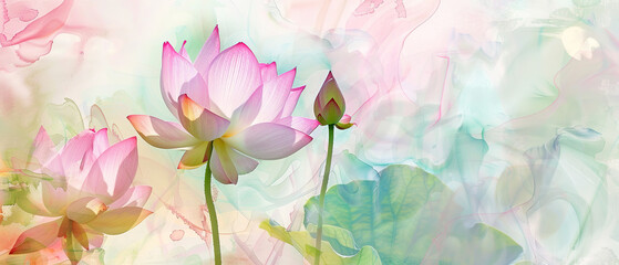 Fototapeta na wymiar spring flower, lotus close-up on a watercolor background, luxury wallpaper design with lotus flowers