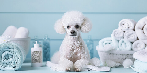 A white poodle lies in the bathroom, surrounded by clean towels, bath accessories, soap bubbles and white foam on a blue background. Water treatments for dogs, grooming. Puppy Day