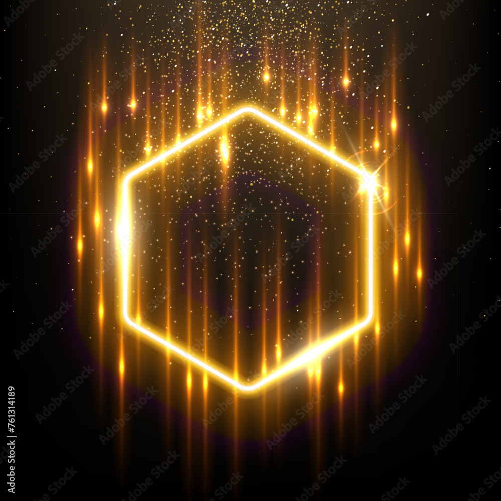 Wall mural gold hexagon shape border with flash rays and sparks vector illustration. realistic 3d shiny golden 