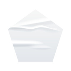 Crumpled white paper pentagon sticker vector illustration. Wrinkled glued label pentagonal shape. Realistic isolated mock up of badge - obrazy, fototapety, plakaty