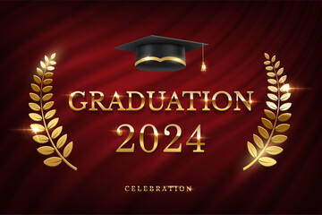 2024 graduation ceremony banner. Award concept with academic hat, golden laurel wreath and text on dark red curtain background