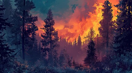 Wildfire disaster Blaze consumes forest, endangering surroundings. Generated AI - obrazy, fototapety, plakaty