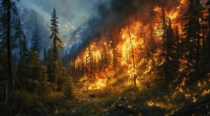 Forest fire peril Flames engulf wooded area threatening ecosystem. Generated by AI - obrazy, fototapety, plakaty