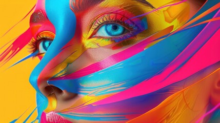 This image captures a striking digital art piece with vibrant, abstract color splashes across a female model's face