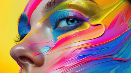 Stunning detailed image captures a female face in a spectrum of flowing paint colors
