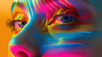 Close-up shot highlights the intense colors and textures of face paint on a woman's face