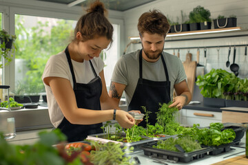 A married couple grows food in a hydroponic system - obrazy, fototapety, plakaty