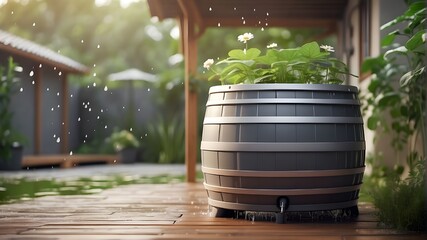 Generative AI, rainwater harvesting system in the garden with barrel, ecological concept for plants watering, reusing water concept - obrazy, fototapety, plakaty