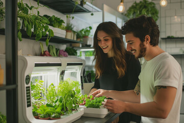 A married couple grows food in a hydroponic system - 761314525