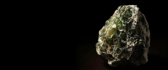 Fototapeta premium Baratovite is a rare precious natural stone on a black background. AI generated. Header banner mockup with space.