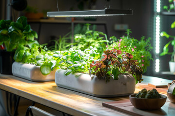 hydroponic system for growing food in the kitchen - obrazy, fototapety, plakaty