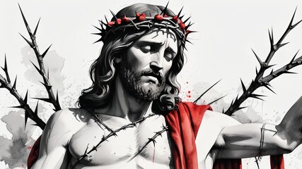 Black and white watercolor illustration of Jesus Christ with a red crown of thorns with copy space