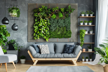 Modern living room with plants on the wall - 761314597