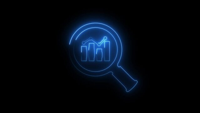 Glowing neon line Magnifying glass with data analysis icon, simple design business growth concept animation. Business growth concept animation magnifying glass with data analysis icon