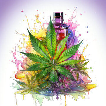 Watercolor Medical cannabis liquid oil splash with hemp leaf, clipart Illustration, Generative Ai
