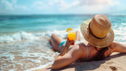 Fototapeta na wymiar A woman in a bikini relaxes on the sandy beach