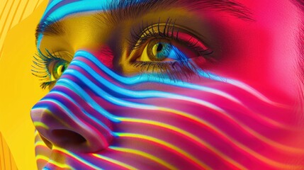 A digitally altered woman's face submerged in a sea of neon hues, evoking a sense of wonder