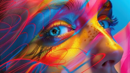 A mesmerizing close-up capturing vibrant designs superimposed on a woman's facial features