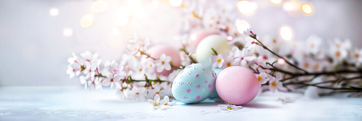 Blooming cherry branches and Easter eggs in pastel colors lie on the table, against the backdrop of sunny bokeh. Happy Easter spring greeting card, banner