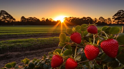 Sunlit strawberry fields capturing the charm of berry farming at dusk for a banner - obrazy, fototapety, plakaty