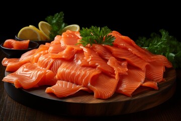 Display of smoked salmon slices elegantly arranged on a rustic wooden serving board