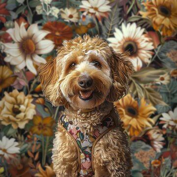 Cheerful Poodle Mix With Floral Backdrop