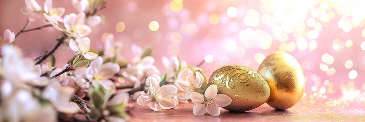 Blooming cherry branches and golden Easter eggs lie against a background of sunny bokeh. Happy Easter spring greeting card, banner - obrazy, fototapety, plakaty