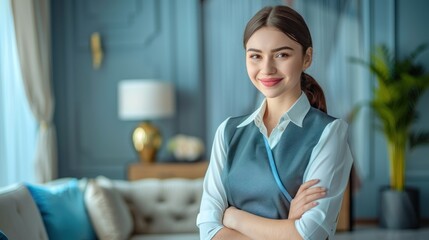 Chambermaid standing on living room background