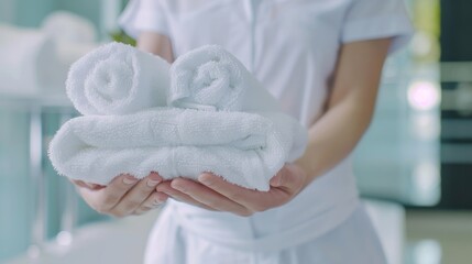 professional Chambermaid holding fresh towels towels in hotel room, closeup - obrazy, fototapety, plakaty