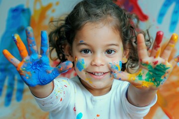 Portrait of a happy child showing vibrant painted hands, symbolizing creativity and play